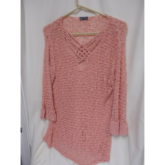Cahaya by Tanami Sweaters - Cahaya by Tanami Pink Open Knit Strappy V-Neck Sweater Ruffle Cuff 3/4 Sleeve